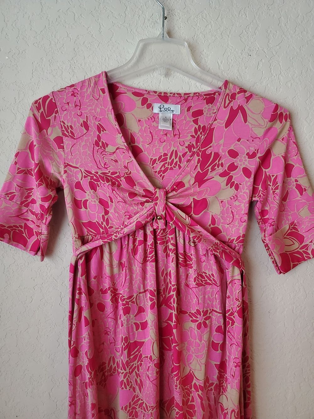 VTG Lilly Pulitzer 100% Silk Floral Dress - Pink & Beige V-Neck (Size 0) - Picture 2 of 9